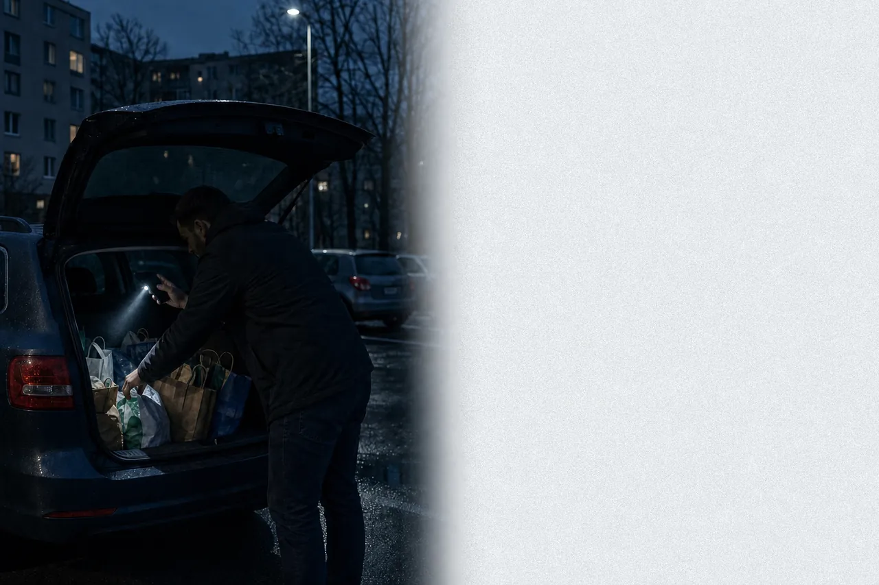 Mężczyzna oświetla telefonem zakupy w otwartym bagażniku samochodu na nocnym parkingu