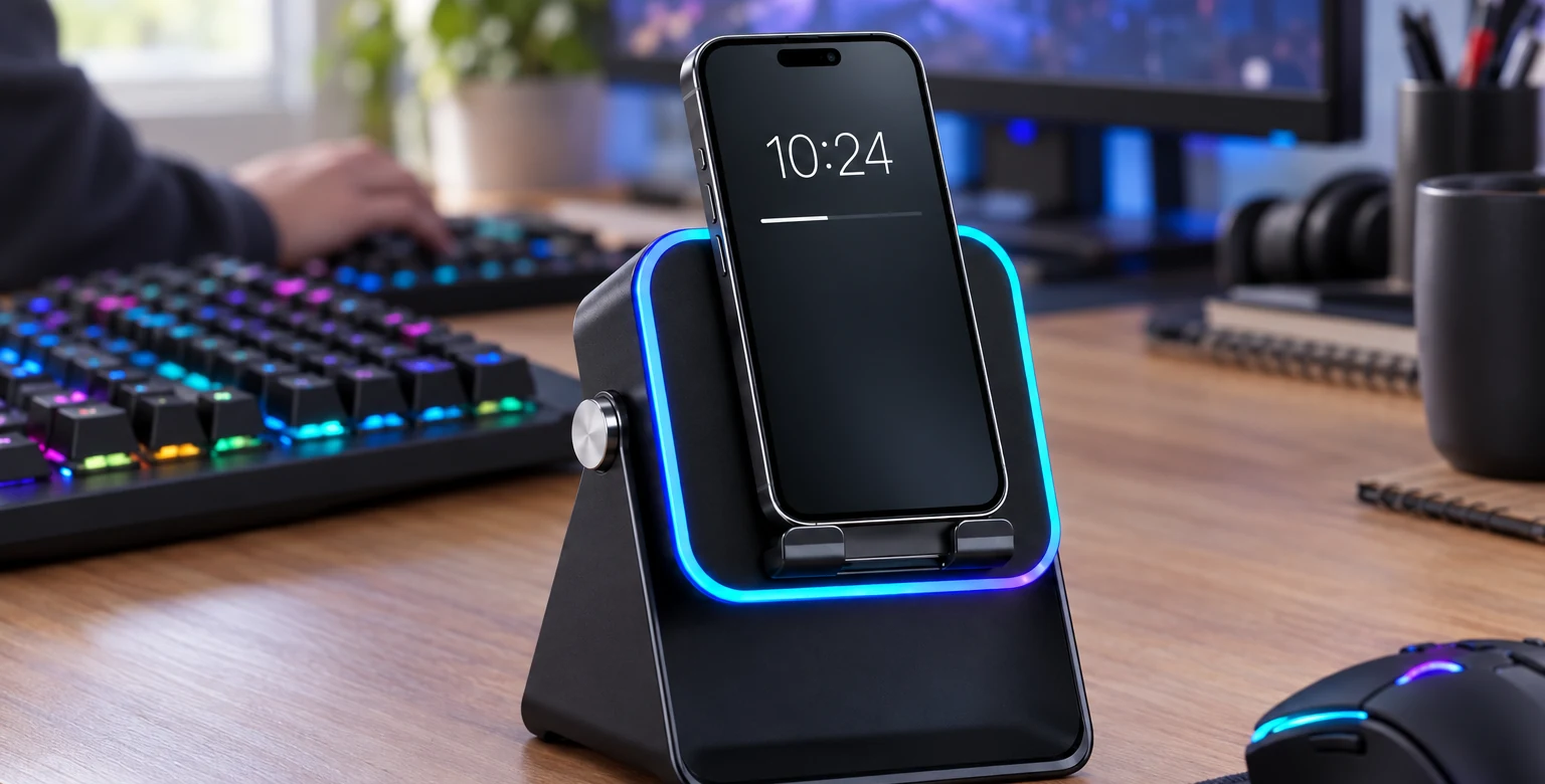 Czarny Rezonik na biurku gamingowym z podświetloną klawiaturą RGB, telefon oparty na panelu z widoczną godziną 10:24, w tle dłoń na klawiaturze.
