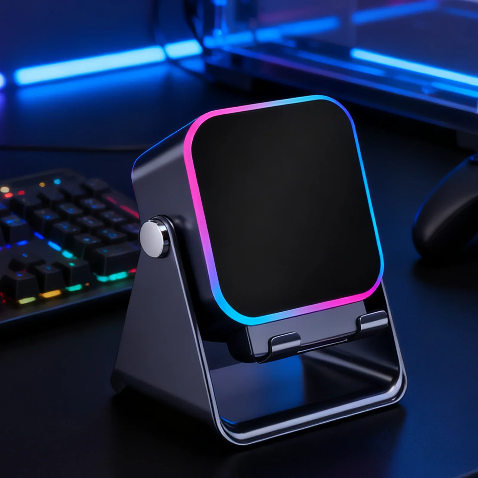 Czarny Rezonik na biurku gamingowym, obok mechaniczna klawiatura z podświetleniem RGB.