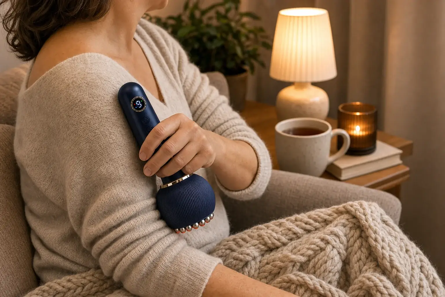 Kobieta na sofie pod kocem prowadzi granatowy masażer po ramieniu, obok lampa i kubek