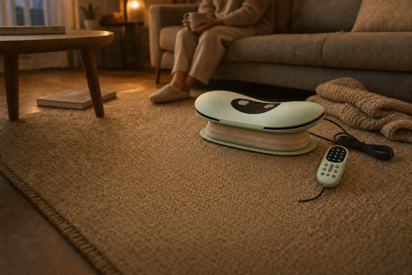 Późny zmrok w tym samym salonie: Rozluźnik leży na dywanie obok zwiniętego koca, przewód zwinięty, w tle nieostra postać z kubkiem na kanapie.