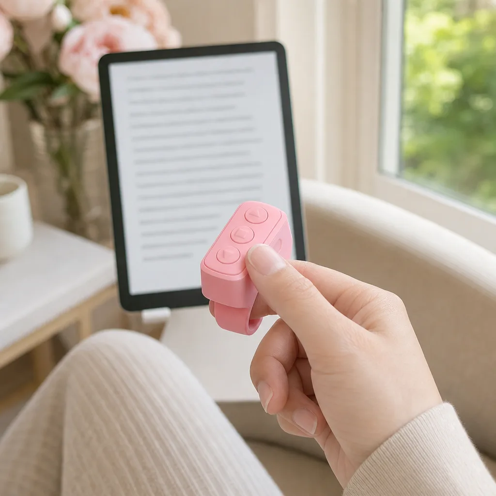 Dłoń obsługująca Skrolika przed tabletem z otwartym ebookiem