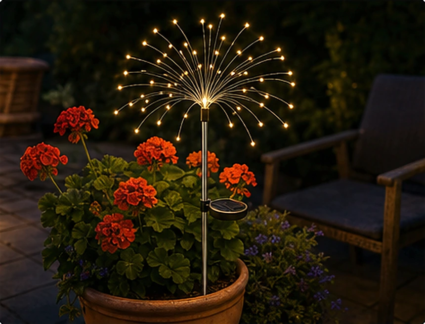 Terakotowa donica z pelargonią na tarasie nocą, wśród kwiatów świeci jedna lampka