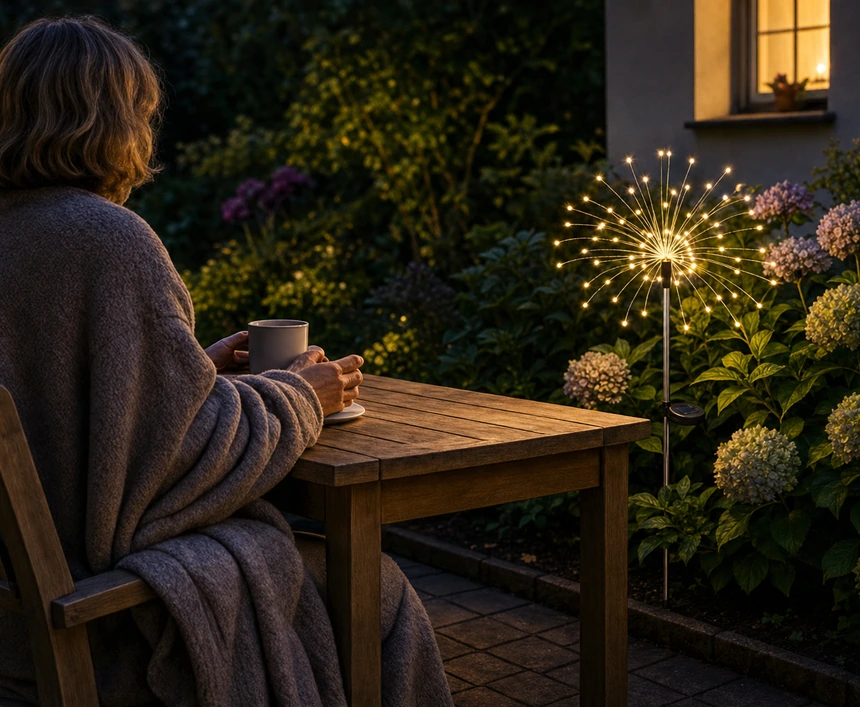 Stół na tarasie z kocem i kubkiem, obok w rabacie stoi zapalona lampka