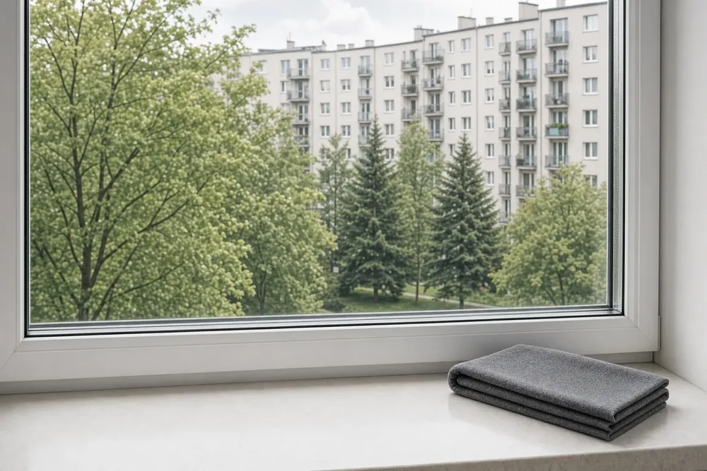 Całe okno suche i ostre, za szybą kontrastowy widok na osiedle; na parapecie leży jedna złożona szara ściereczka