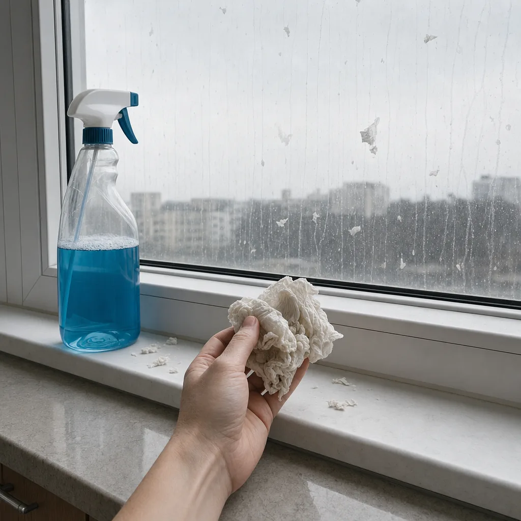 Parapet z butelką niebieskiego płynu do szyb i zgniecionym mokrym ręcznikiem papierowym w dłoni; na szybie za nimi widać zaschnięte smugi i strzępki papieru w płaskim, pochmurnym świetle