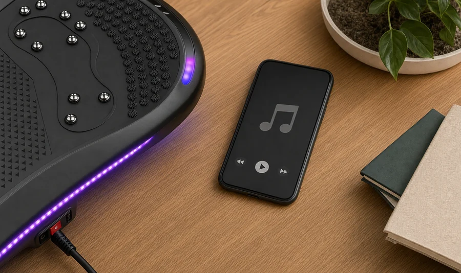 Telefon z odtwarzaczem muzyki leżący obok podświetlonej krawędzi platformy
