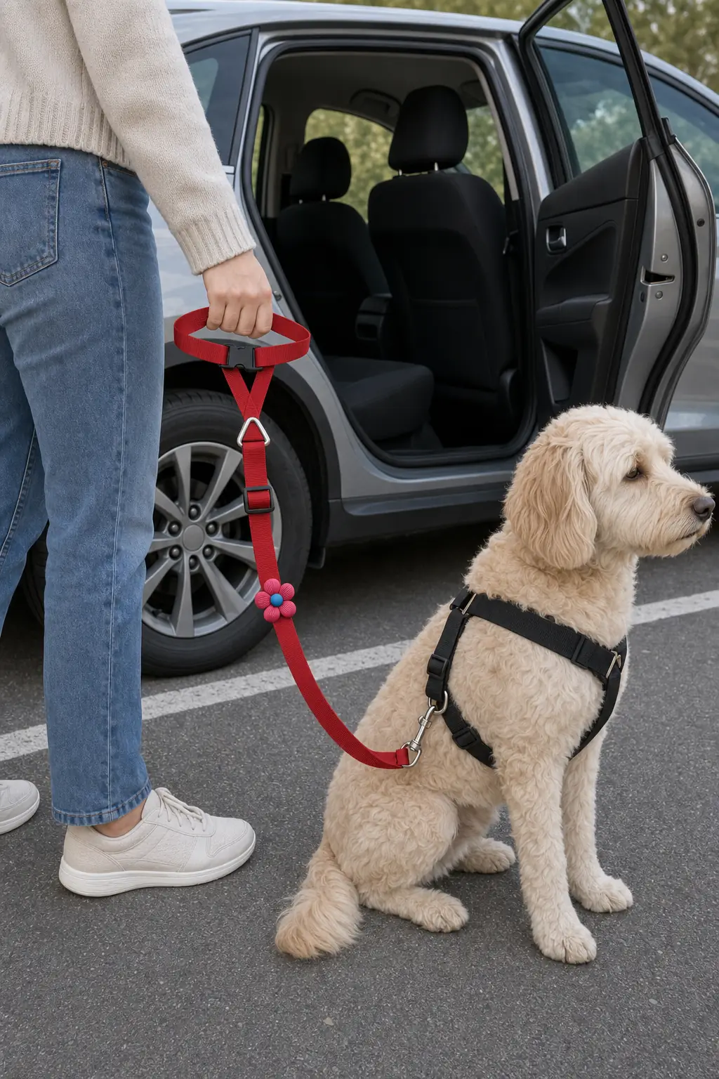 Kobieta trzyma czerwoną taśmę jako smycz przy otwartych drzwiach auta, pies siedzi obok na parkingu