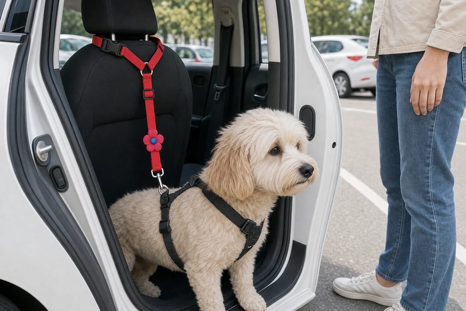 Pies stoi w otwartych drzwiach auta na parkingu, wciąż wpięty w czerwoną taśmę
