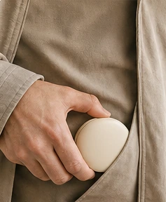 Dłoń wsuwa zamknięte kremowe okrągłe etui do kieszeni kurtki