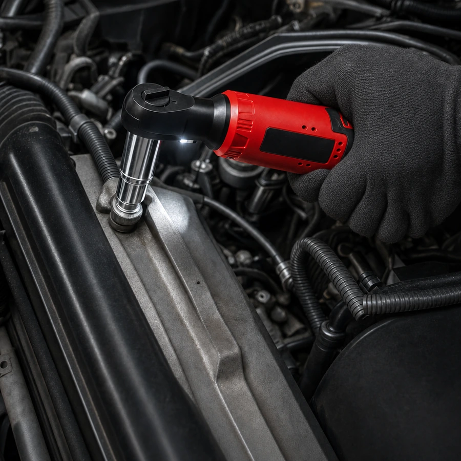Komora silnika: dłoń w czarnej rękawicy trzyma czerwoną grzechotkę kątową Wykręcik, jej płaska czarna głowica z nasadką siedzi na śrubie, dioda LED oświetla pole pracy