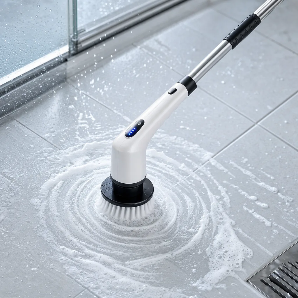 Wirująca głowica szczotki prowadzona po kaflach, wokół rozchodzi się piana