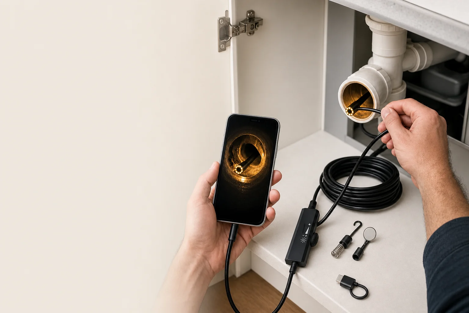 Sonda w rurze pod zlewem i podgląd na żywo na telefonie, zestaw obok