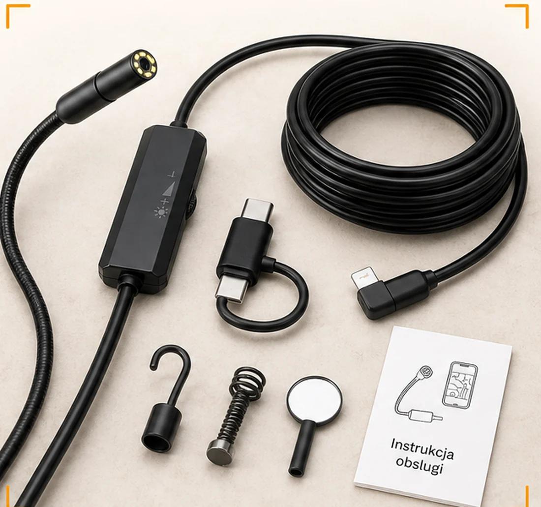 Zestaw Zaglądka: kabel-kamera, wtyk 2w1, hak, magnes, lusterko boczne i instrukcja