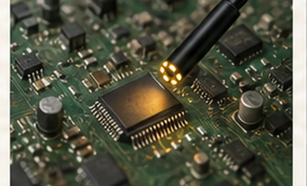 Elektronika i PCB — sonda nad płytką z efektywnej odległości 2–10 cm