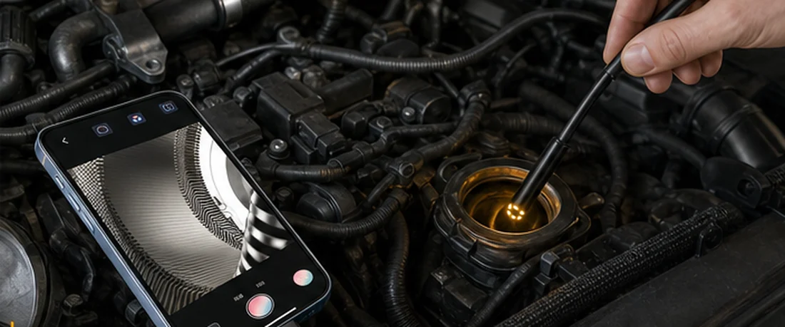 Silnik i motoryzacja — sonda w komorze silnika, obraz na żywo na telefonie