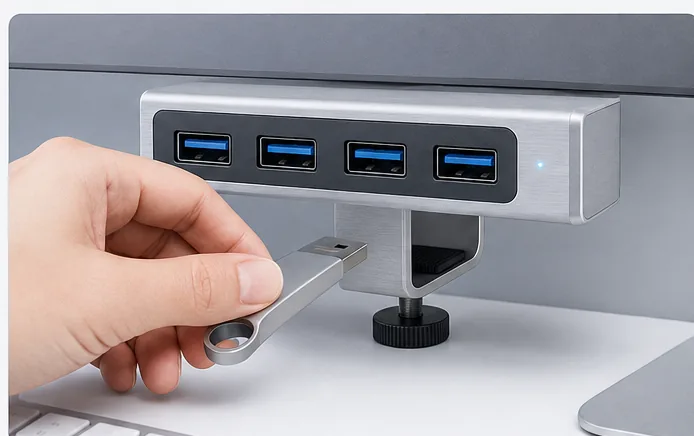 Dłoń wpina pendrive w hub Zaklipek — widok z góry na biurko