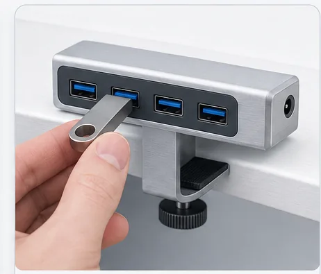 Dłoń wpina pendrive do portu USB huba Zaklipek