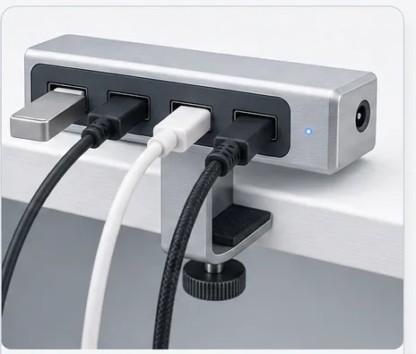 Cztery porty USB huba Zaklipek z wpiętymi kablami, gotowe do pracy