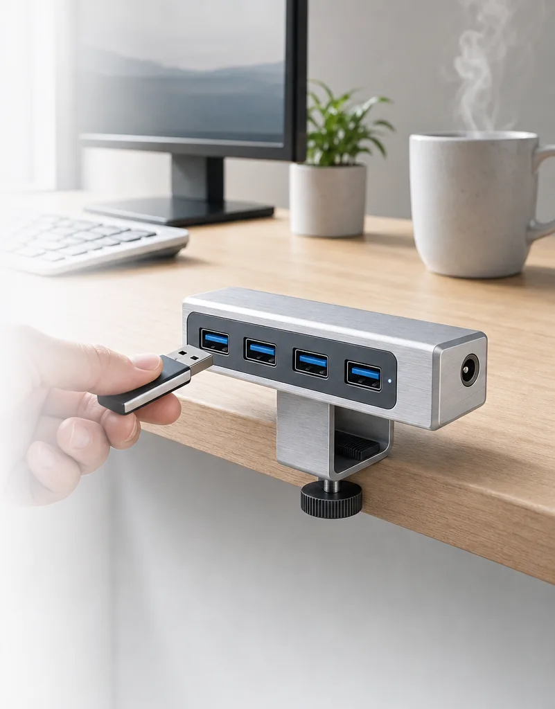 Dłoń wpina pendrive w hub Zaklipek zaciśnięty na krawędzi biurka; obok monitor i kubek