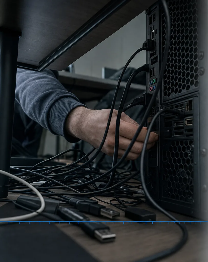 Dłoń sięga na oślep za obudowę komputera, wśród plątaniny kabli USB