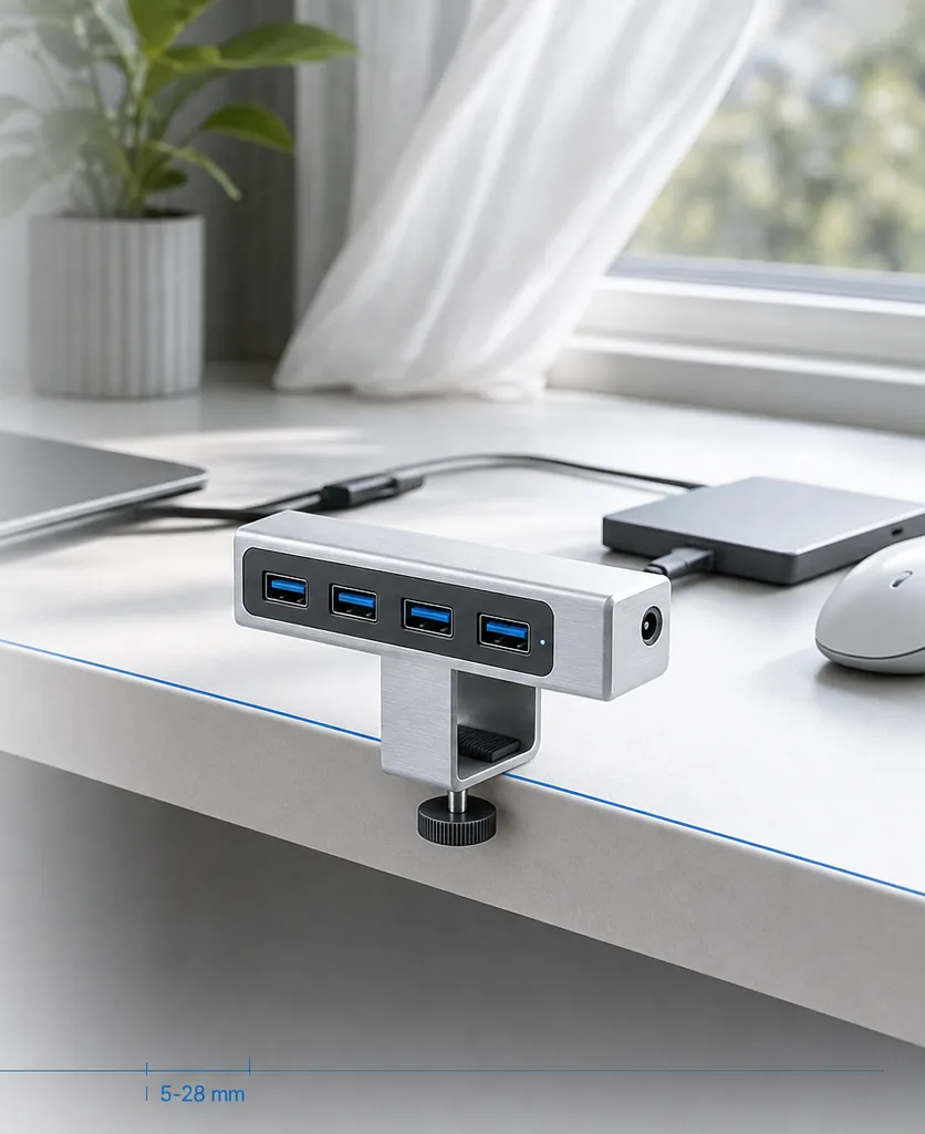 Hub Zaklipek zaciśnięty na krawędzi jasnego biurka, porty USB skierowane do użytkownika