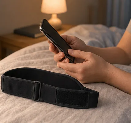 Czarna opaska maski widziana od strony pasa z rzepem leży na kołdrze, obok dłonie trzymające telefon; w tle zapalona lampka nocna