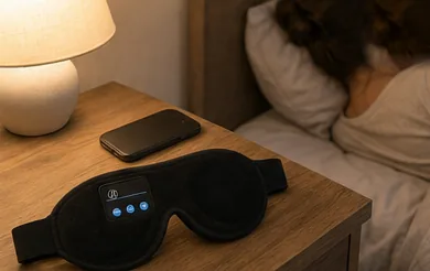 Czarna maska do spania z panelem sterowania leży na drewnianej szafce nocnej obok telefonu, przy zapalonej lampce; w tle druga osoba leży w łóżku