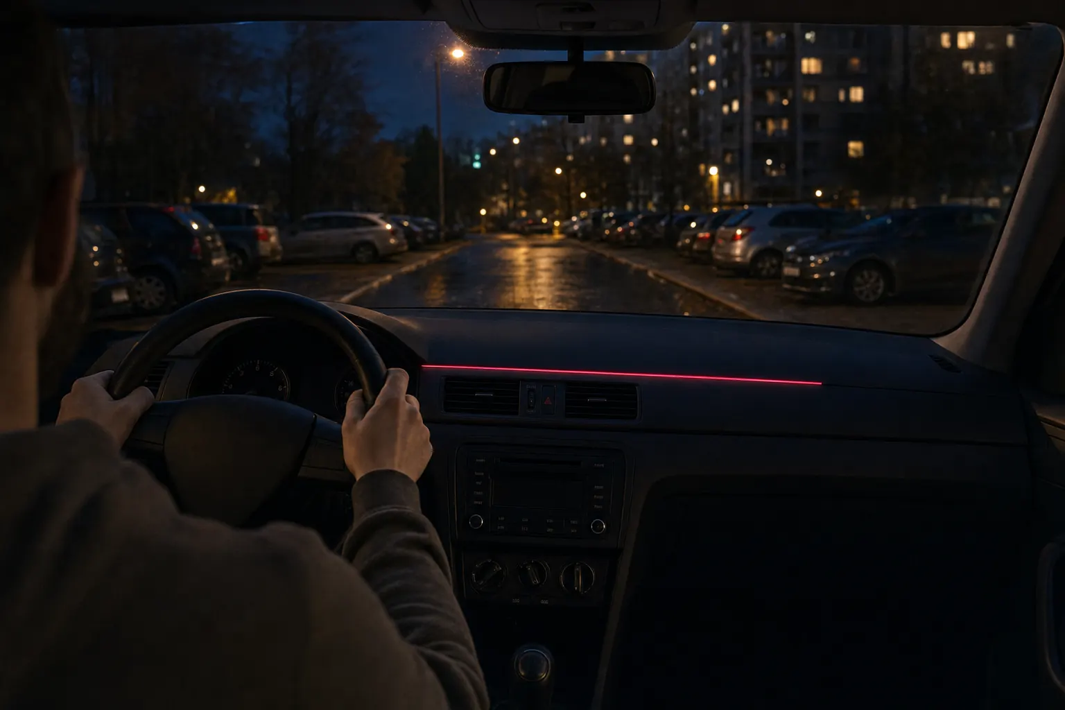 Widok zza ramienia kierowcy — auto rusza mokrą ulicą o zmierzchu, w kabinie świeci jedna linia światła