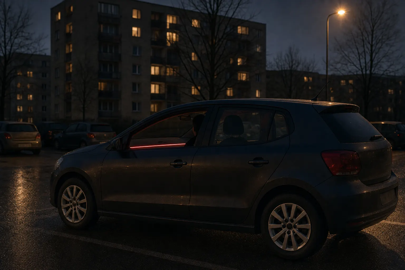 Zaparkowany kompakt o zmierzchu na osiedlowym parkingu — w kabinie świeci jeden łuk światła