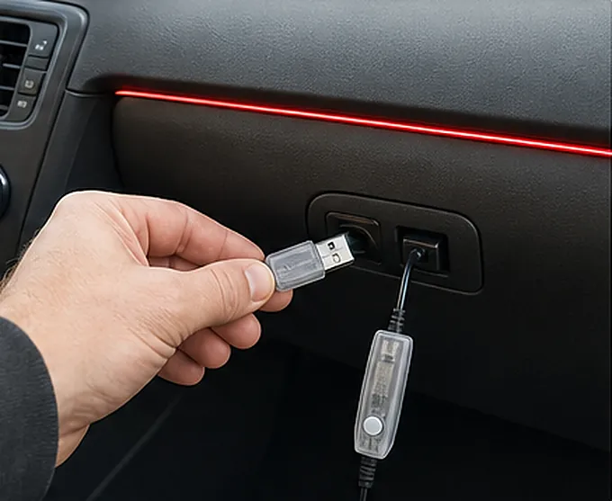 Dłoń wpina wtyk USB sterownika w gniazdo w desce; nad nim świeci już czerwona linia