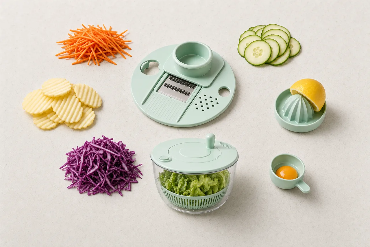 Flat-lay: tarcza-mandolina Zręczka, a wokół efekty cięcia — julienne z marchewki, plastry ogórka, falowane chipsy, poszatkowana kapusta, odwirowana sałata, przekrojona cytryna i oddzielone żółtko
