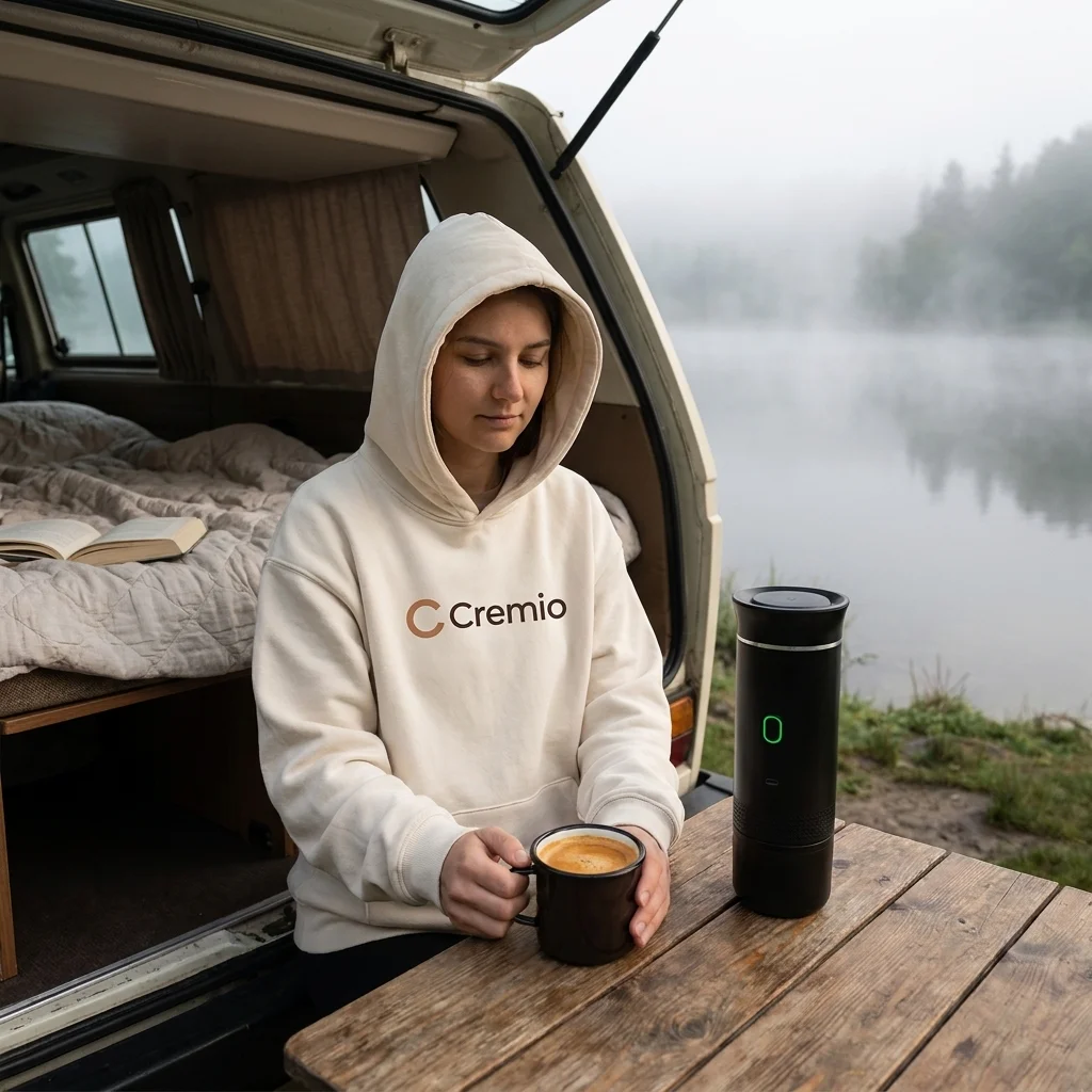 Krok 3 — vanlife rano w górach, espresso z Cremio