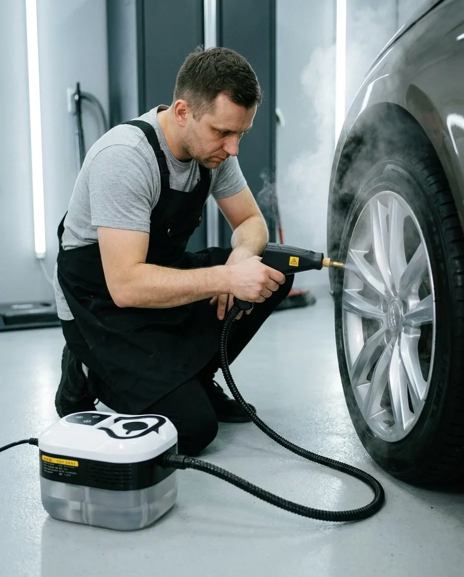 Mateusz, 35 — detailer czyści felgę aluminiową parą VapoFlow w garażu