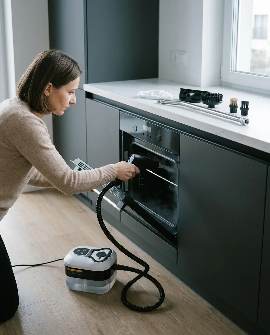 Agnieszka, 38 — czyści piekarnik parownicą VapoFlow w minimalistycznej kuchni