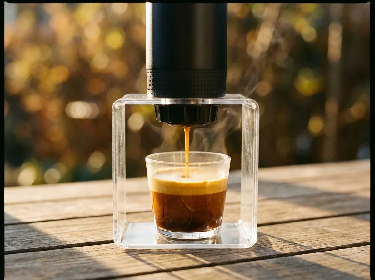 Krok III — espresso z gęstą cremą spływa do szklanki