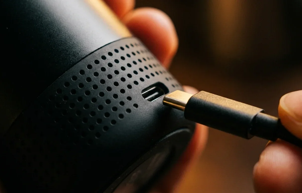 Detal — port USB-C w obudowie Caffory