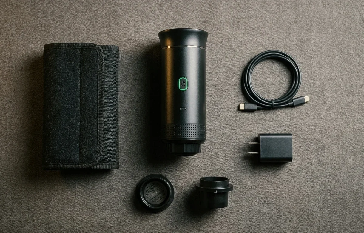 Zestaw startowy Caffora — ekspres, pokrowiec, kabel USB-C, ładowarka, adapter i filtr