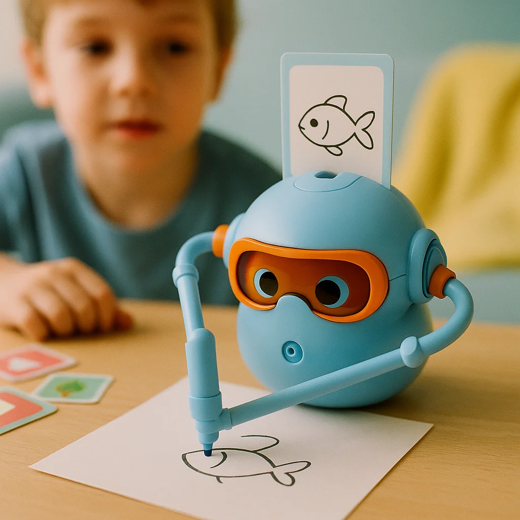 Robot Doodlo rysuje rybkę na kartce - dziecko obserwuje w tle