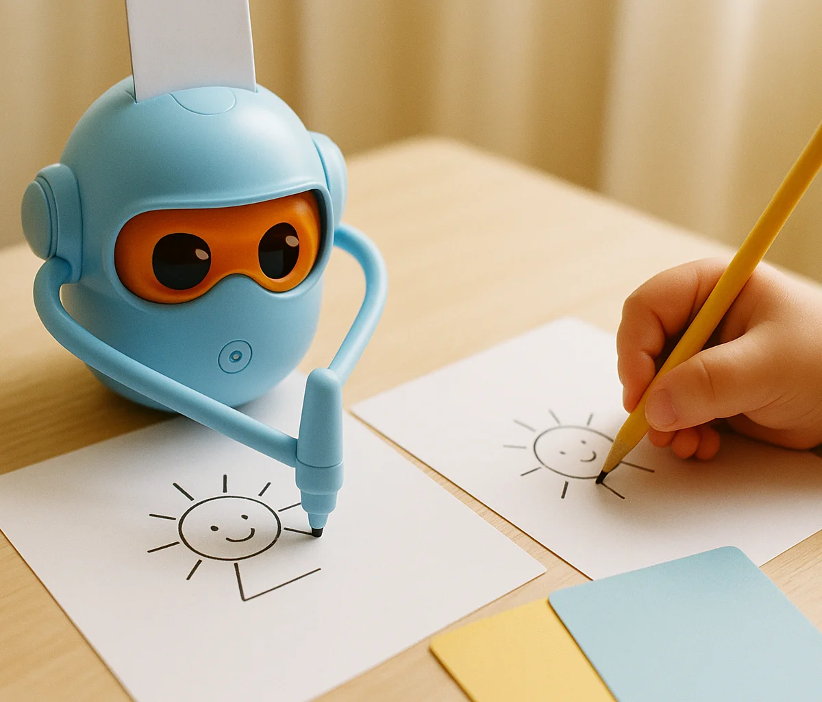 Robot Doodlo rysuje uśmiechnięte słoneczko - dziecko kopiuje obok