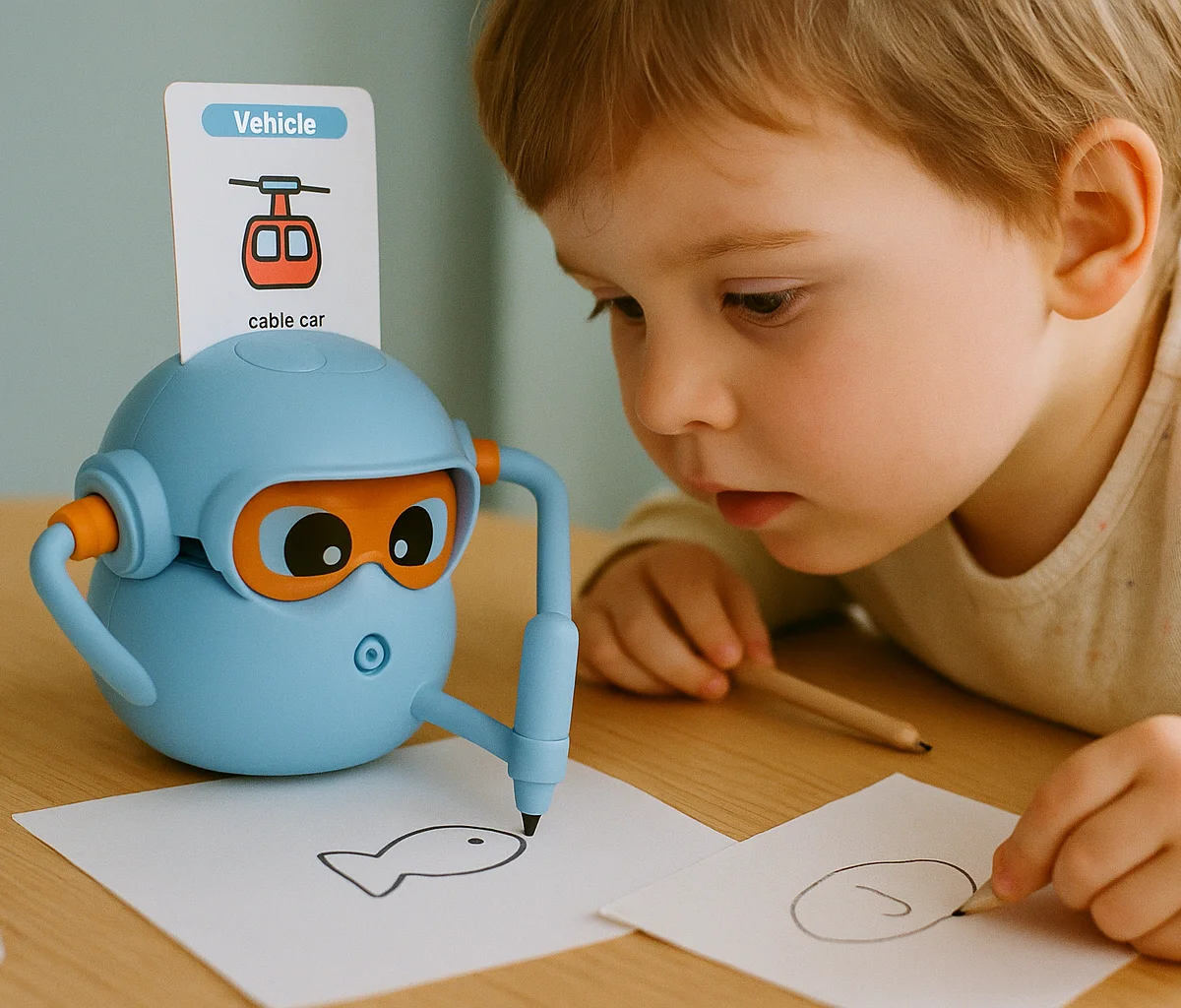 Robot Doodlo rysuje na kartce - dziecko obserwuje w skupieniu