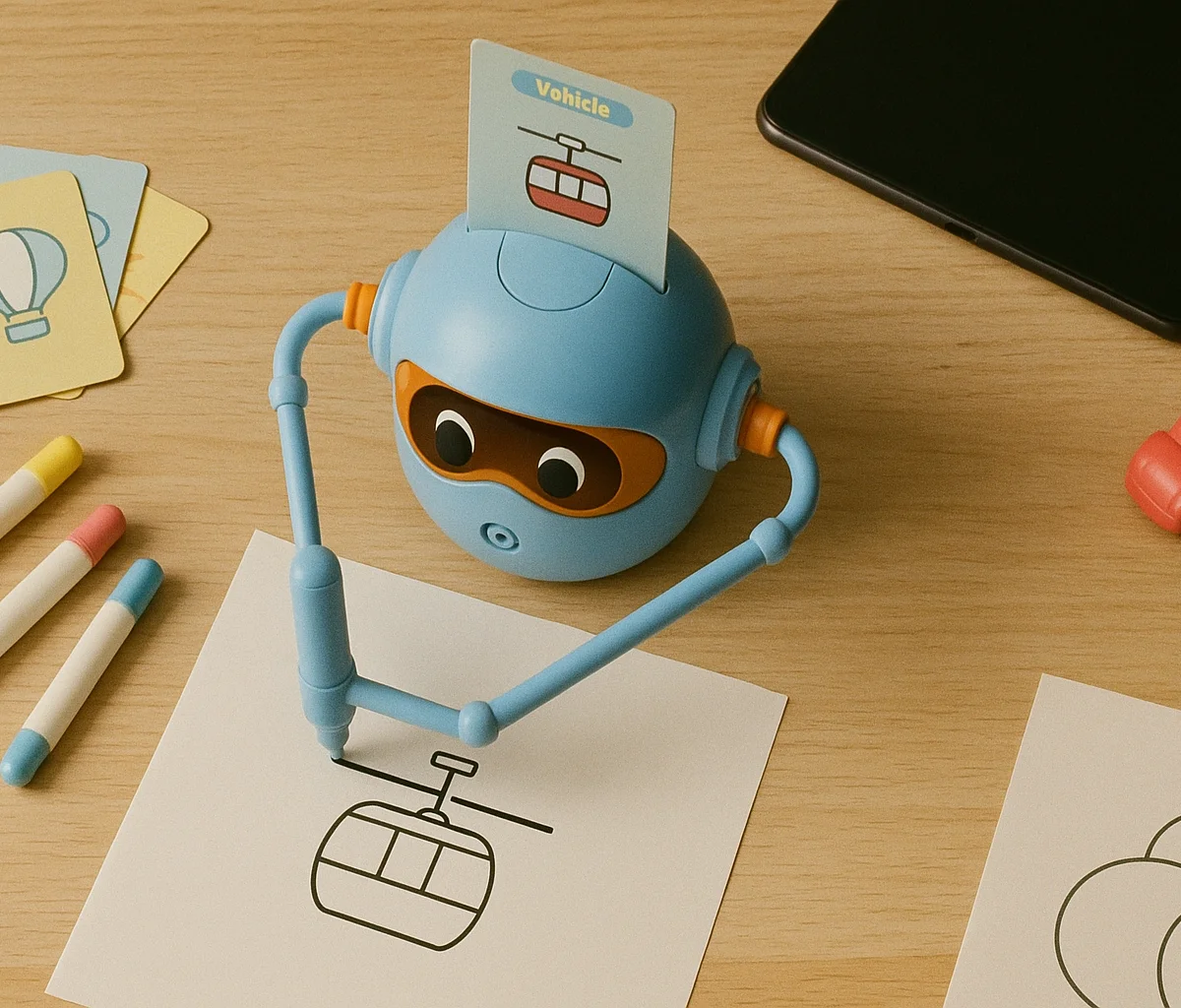 Widok z góry biurka z robotem Doodlo i odłożonym tabletem - zero ekranów