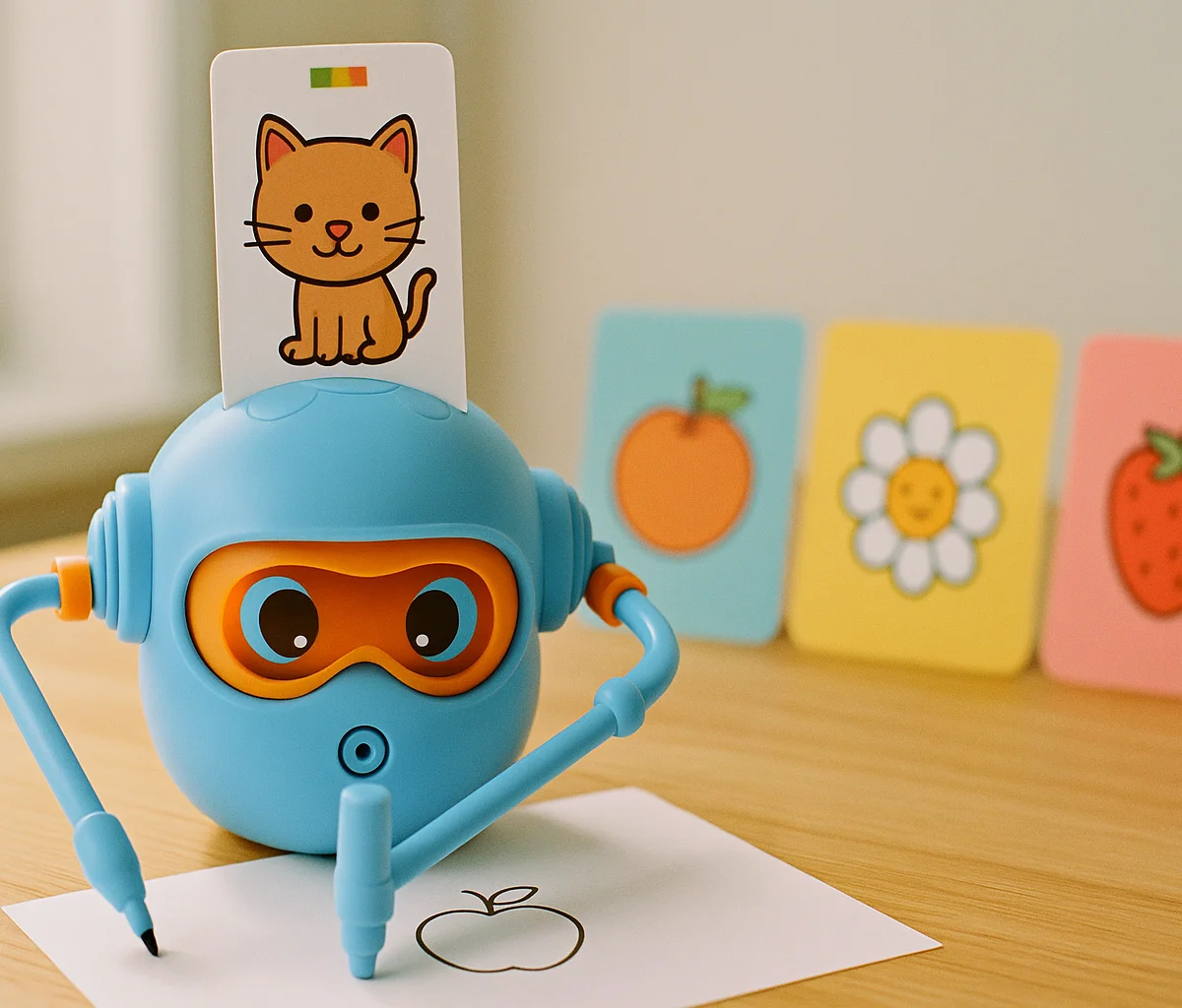 Robot Doodlo z kolorowymi kartami edukacyjnymi - nauka słówek po angielsku