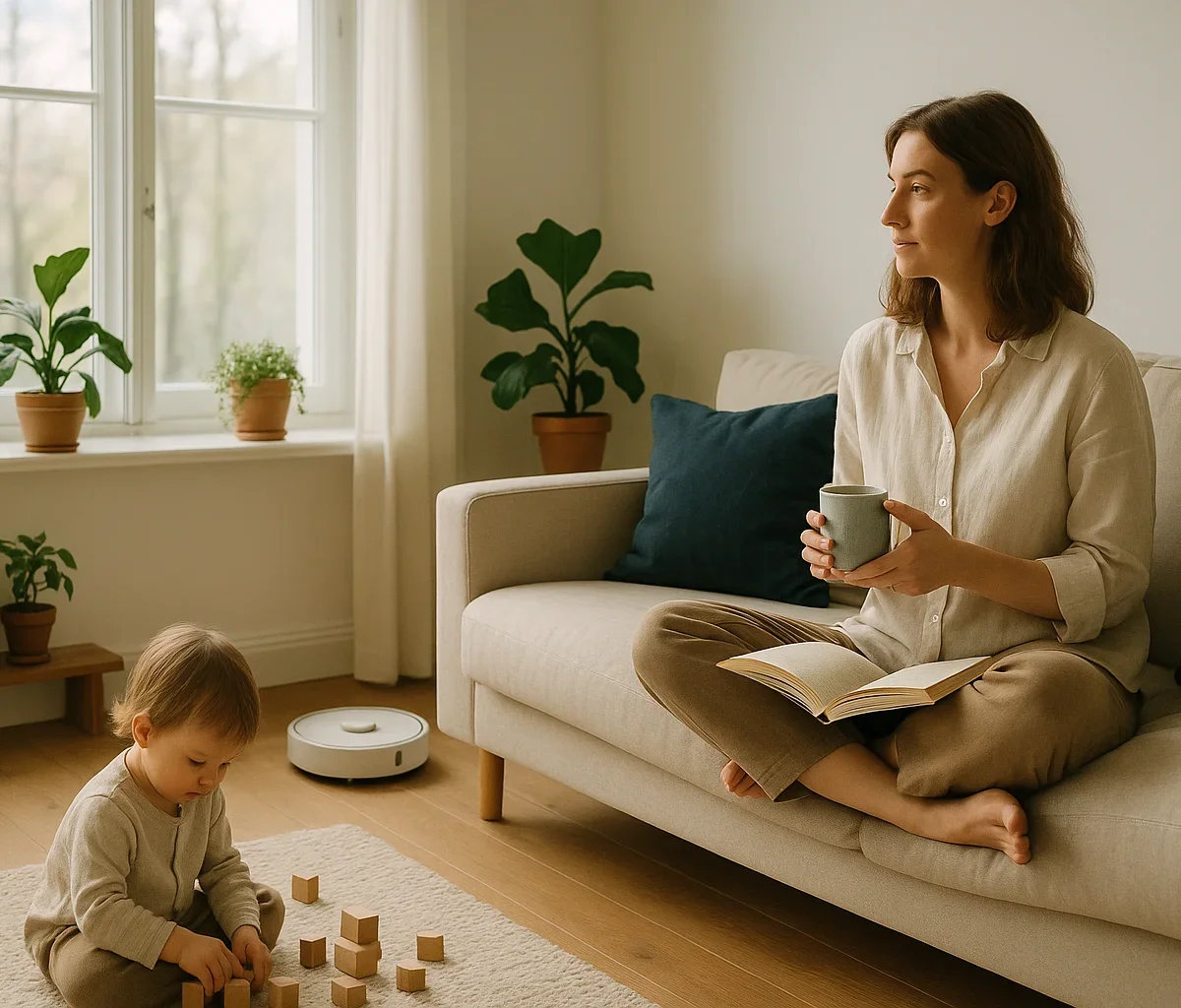 Mama na kanapie z kawą, dziecko z klockami, robot Czystosz cicho pracuje w tle