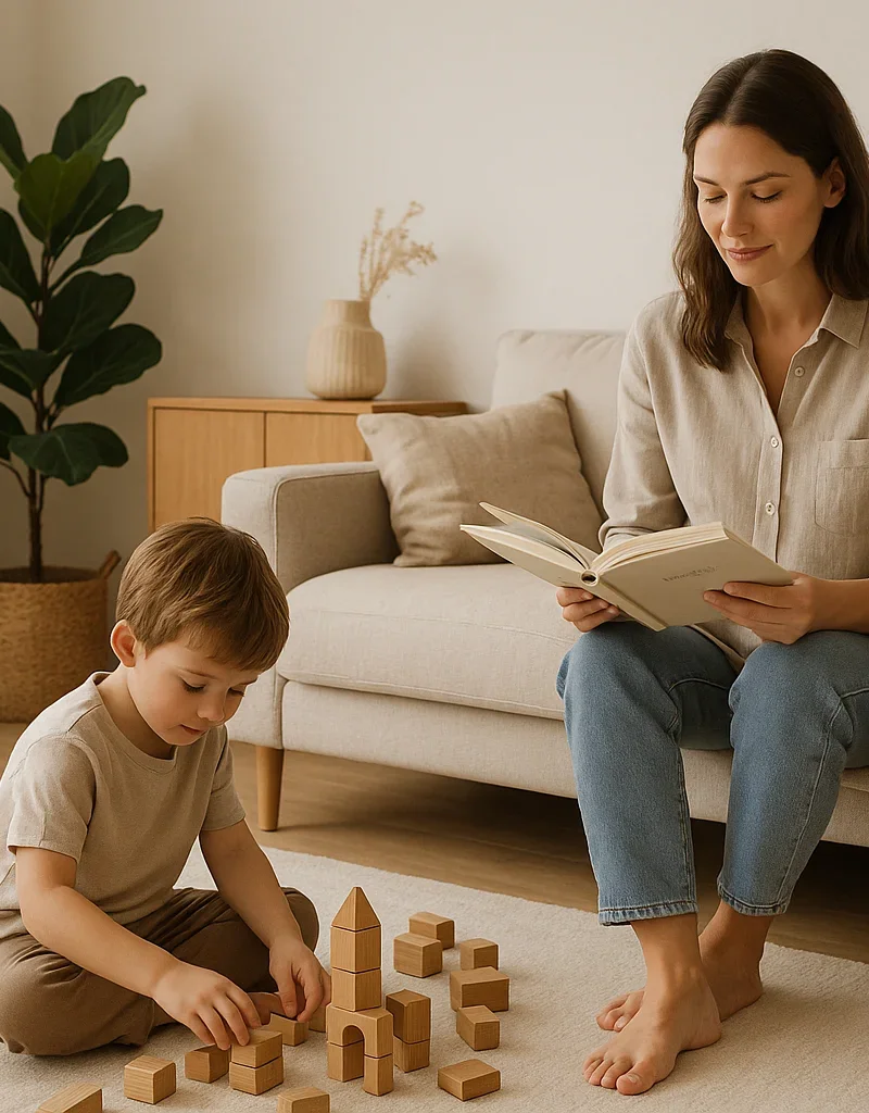 Mama czyta książkę dziecku, robot Czystosz pracuje w tle