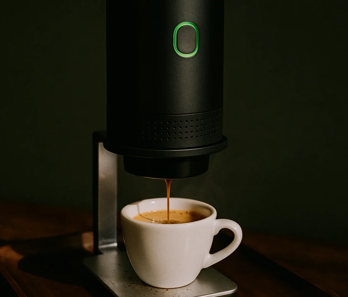 Strumień świeżego espresso z gęstą crema spływa do białej porcelanowej filiżanki