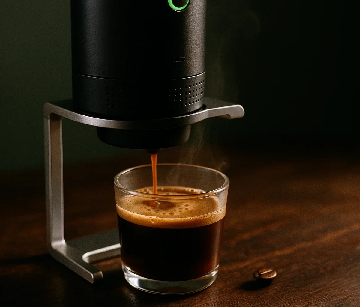 Makro ekstrakcji espresso w szkle, crema, chrome stand