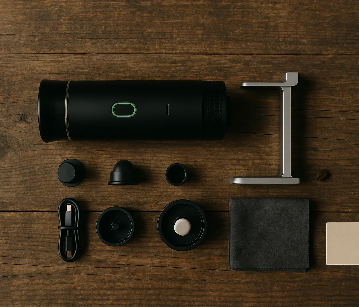 Zestaw startowy Kafina: ekspres, chrome stand, portafiltr, adapter Nespresso, USB-C, ściereczka, karta na drewnianym stole
