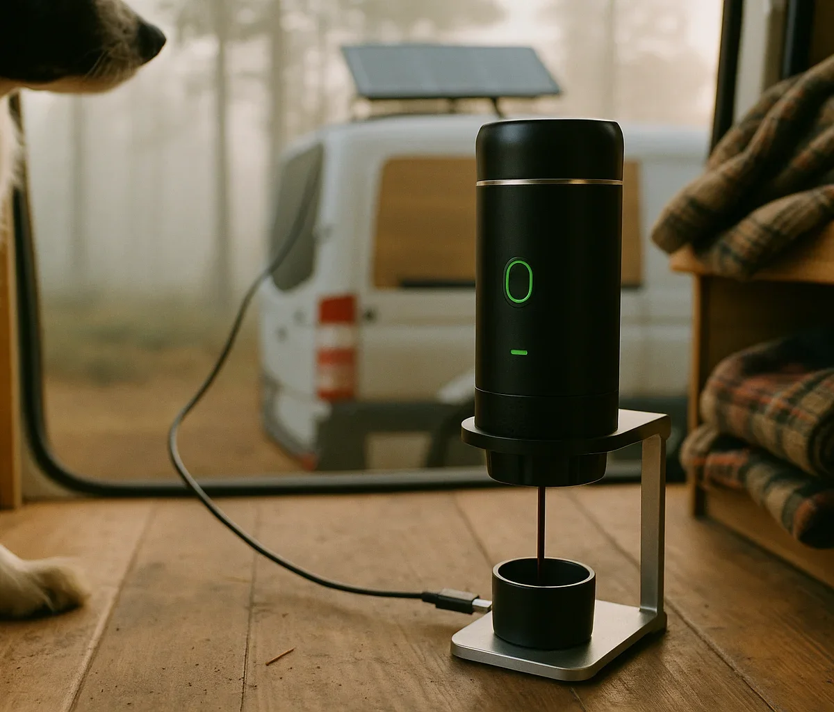 Kafina ładowana USB-C z panelu solarnego kampera, poranna mgła w lesie