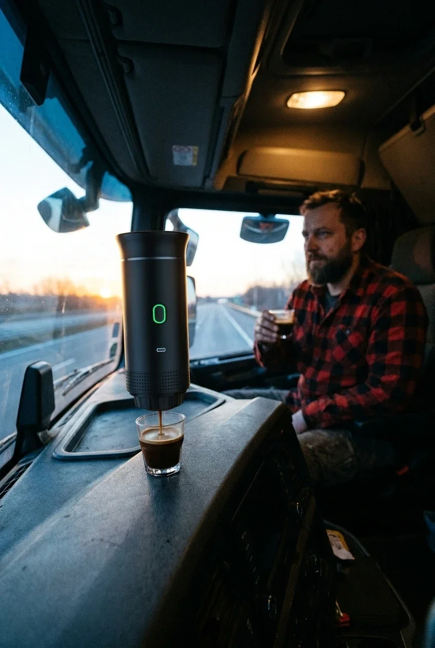 Kierowca TIR-a parzy espresso w kabinie o świcie
